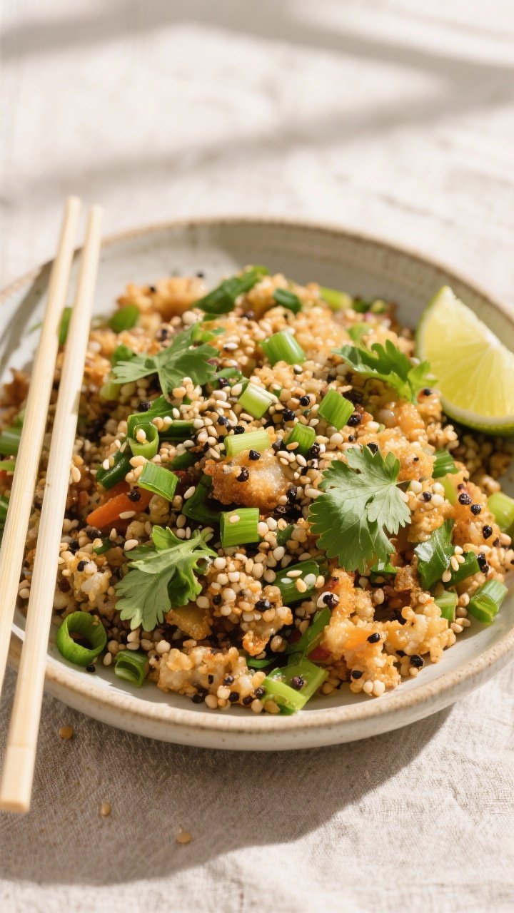 Tasty top view: Overhead shot of the finished vegan vegetable fried quinoa in a wide, shallow cerami