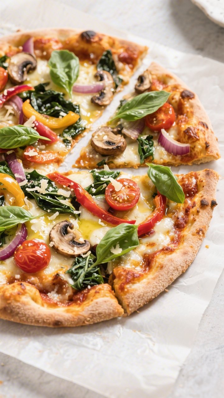 Tasty top view — Overhead shot of the fully baked Oat Flour Thin Crust Veggie Pizza on parchment, 