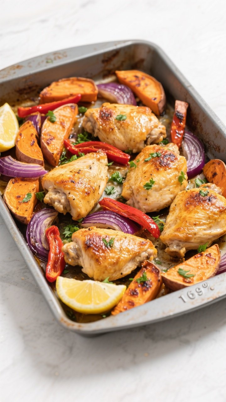 Tasty top view: Overhead shot of the one-pan chicken & sweet potato bake just out of the oven, evenl