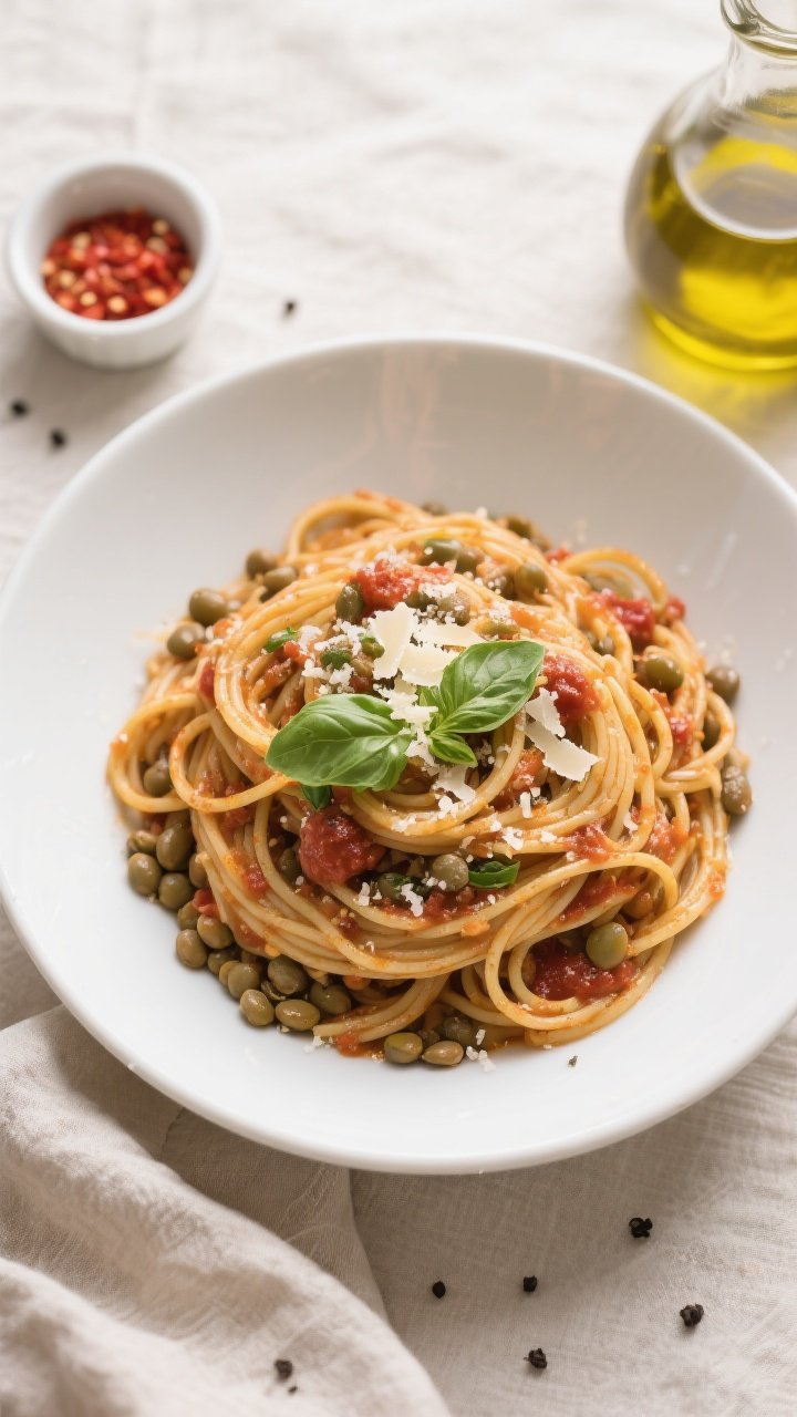 Tasty top view: Overhead shot of whole-wheat spaghetti tossed with lentil marinara in a matte white