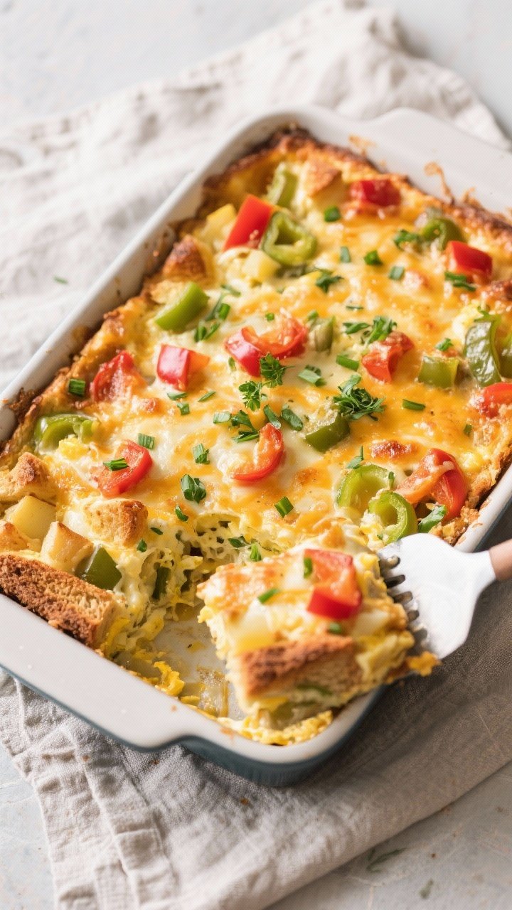 Tasty top view, overhead shot: Overhead shot of the baked vegetarian breakfast casserole in a 9x13 d