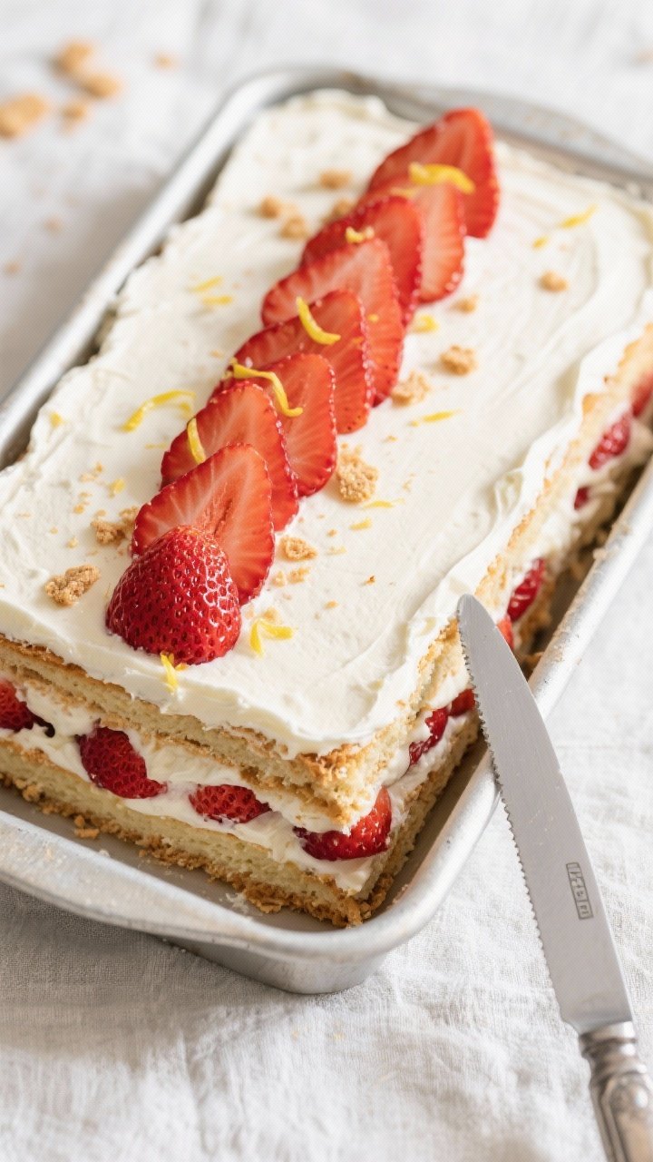 Tasty top view (overhead): The assembled 9x13-inch strawberry icebox cake in the pan after overnight