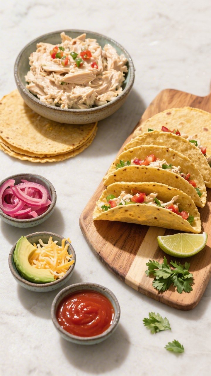 Tasty top view spread: Overhead shot of a taco assembly scene featuring a warm stack of corn tortill