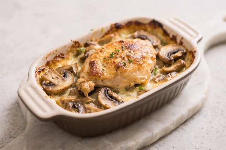 Swiss Mushroom Chicken Bake – Comforting, Cheesy, and Weeknight-Friendly