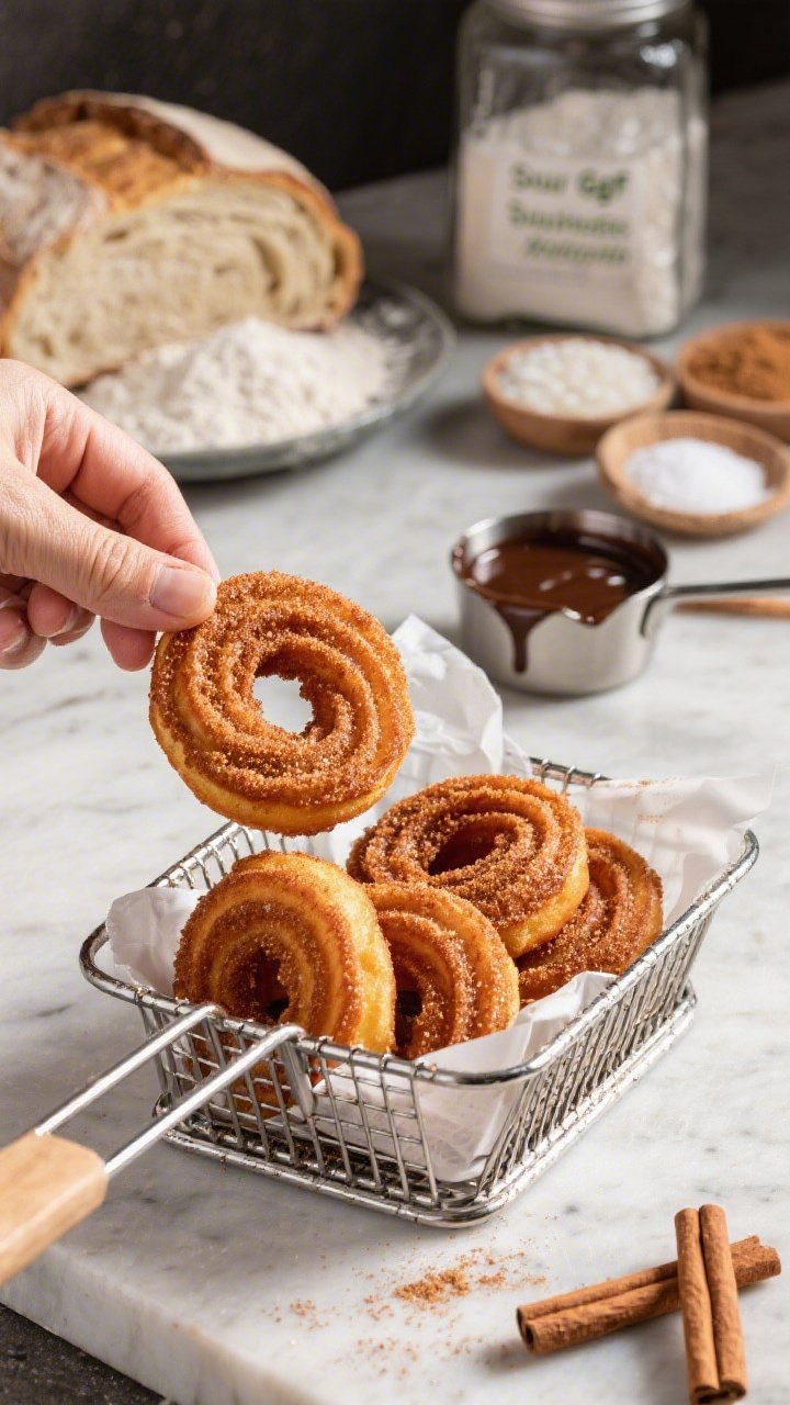45-degree action shot of air-fryer churro doughnuts just pulled from the basket, coated in cinnamon-sugar with distinct ridges, served with a small pot of glossy dark chocolate dipping sauce; ingredients styled in the background: GF sourdough discard, GF all-purpose flour with xanthan, tapioca starch, sugar, baking powder, baking soda, and salt; modern countertop setting, crisp highlights, playful street-food energy.