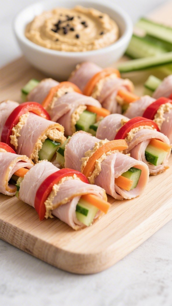 45-degree angle appetizer board of turkey and hummus veggie roll-ups: thick deli turkey slices spread with hummus and wrapped around cucumber sticks, carrot ribbons, and red bell pepper strips; tight spirals secured seam-side down, ends cleanly cut; served on a light wood board with a small bowl of extra hummus and sprinkled black pepper; bright, crisp styling.