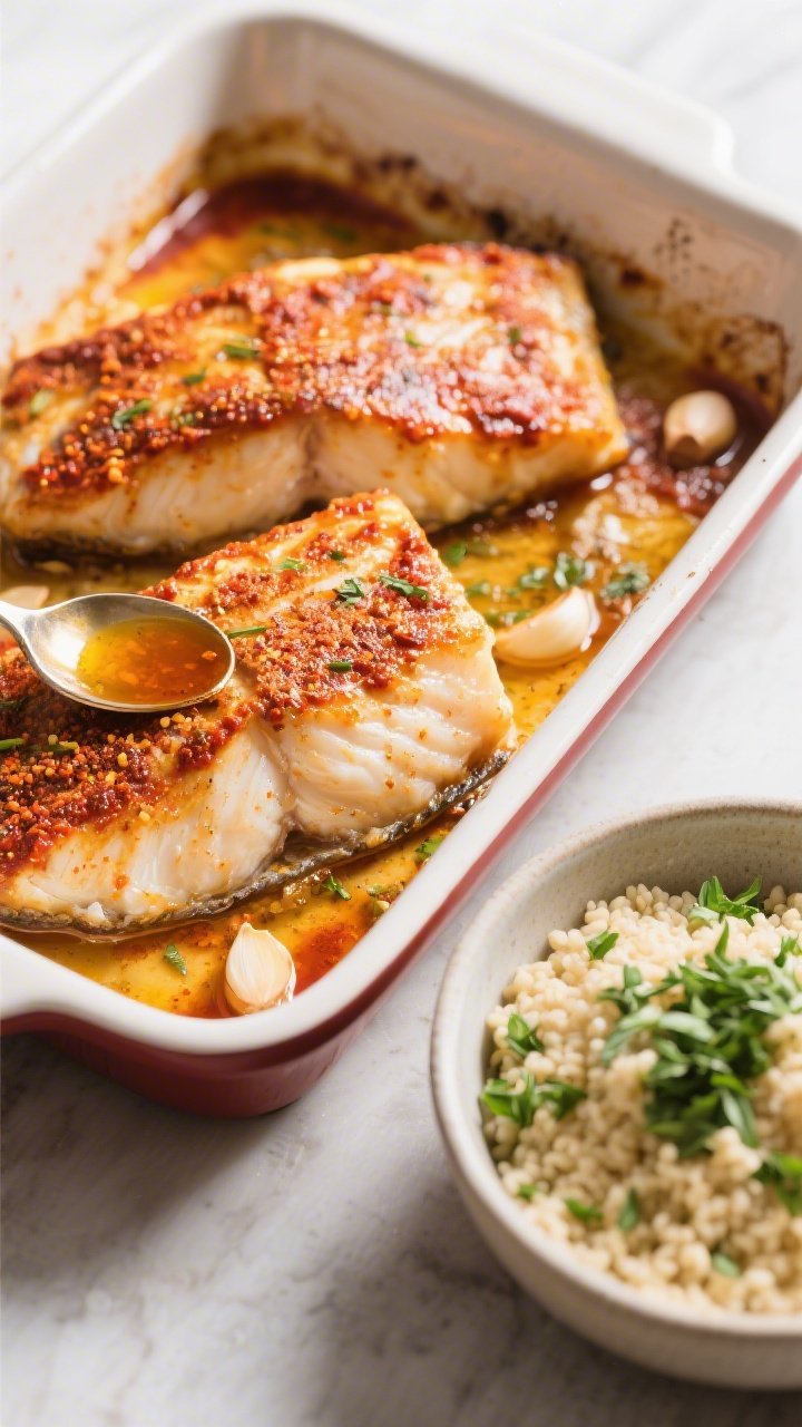 45-degree angle baking dish of harissa baked cod: flaky cod fillets brushed with harissa, olive oil, honey, garlic powder, and salt, roasted until lightly caramelized; alongside, a bowl of herby couscous tossed with chopped herbs; spoon drizzle of pan juices over cod; bright, spicy North African vibe.