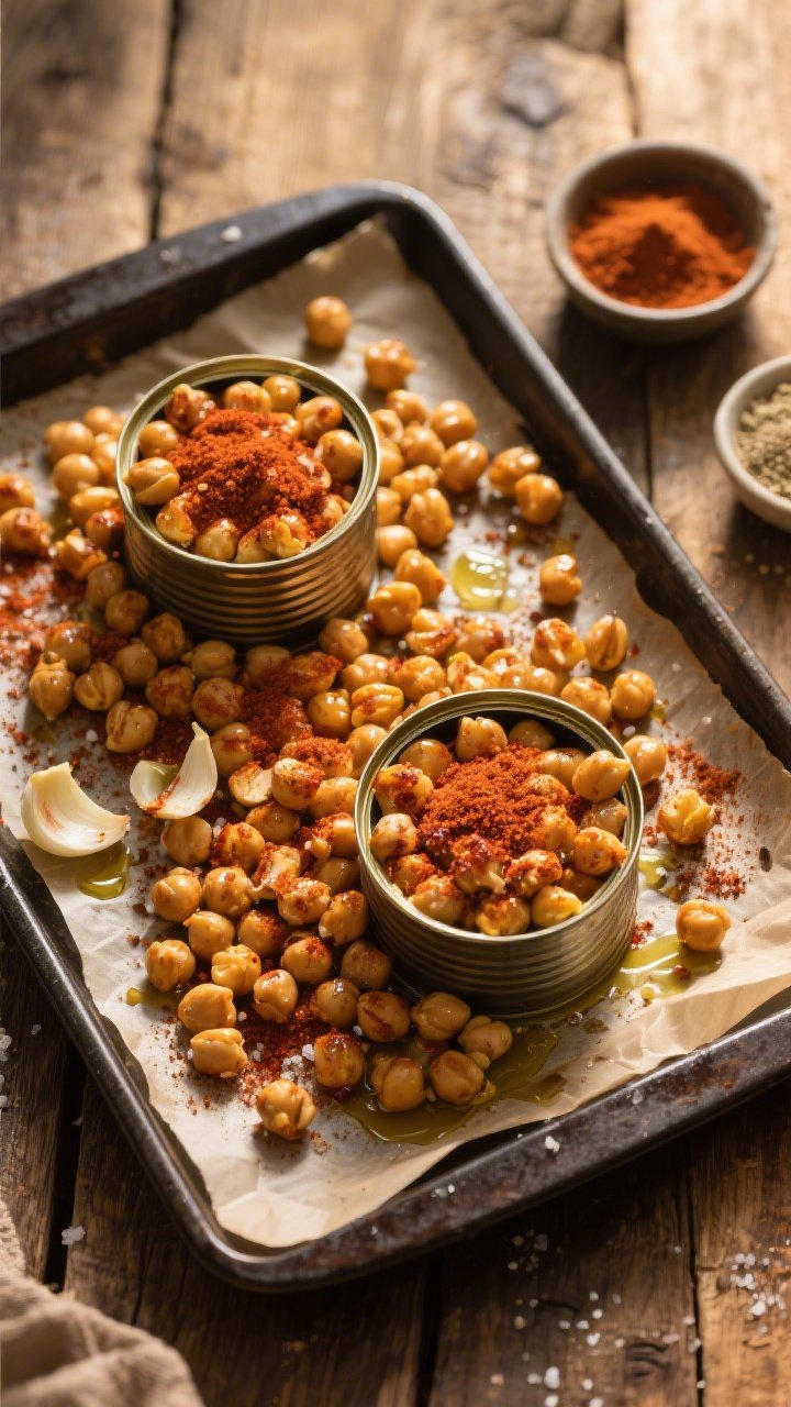 45-degree angle baking sheet scene of smoky paprika roasted chickpeas fresh from the oven: two cans’ worth of chickpeas glistening with olive oil, dusted evenly with smoked paprika, garlic powder, onion powder, and kosher salt; a few chickpeas cracked open to show crunch; parchment-lined dark pan on a rustic wooden table, small prep bowls with leftover spices to the side, warm golden light emphasizing crispness.