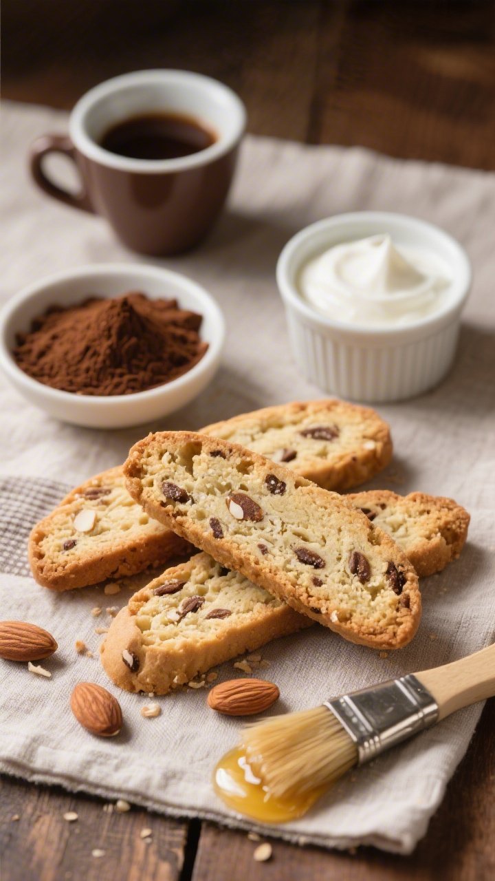 45-degree angle biscotti-style espresso almond cookies (soft-chew): oblong slices with visible almond flour crumb, fine espresso flecks throughout, lightly browned edges; a small bowl of instant espresso powder, a ramekin of Greek yogurt, and a brush with melted butter in the background; arranged on a linen with a demitasse cup as a prop (no people), warm café ambiance.