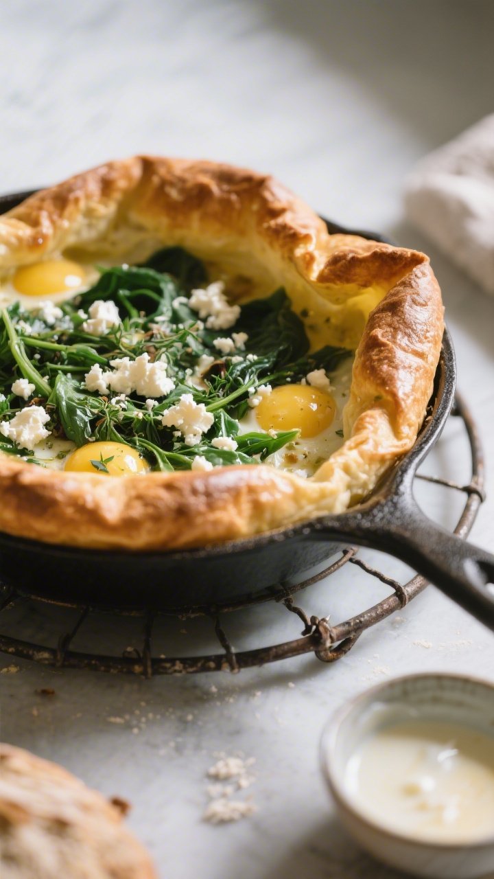 45-degree angle capture of a savory sourdough Dutch baby just out of the oven, dramatically puffed with curled edges, glossy from melted butter; topped with crumbled feta and wilted baby spinach and herbs; place the pan on a trivet with a small bowl showing the blended batter (eggs, milk, sourdough discard, flour, salt); soft daylight to highlight rise and texture.