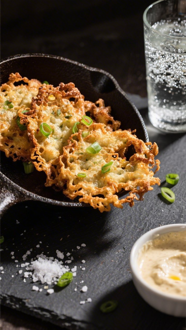 45-degree angle close-up of crispy sourdough-scallion fritters just lifted from a cast-iron skillet, deeply golden with lacy edges and visible thin scallion rounds; sprinkle of fine salt and white pepper on a slate board, a chilled glass of seltzer water beading with condensation, and a small bowl of batter (sourdough discard, flour, egg) showing airy texture; dramatic side light to emphasize crunch.