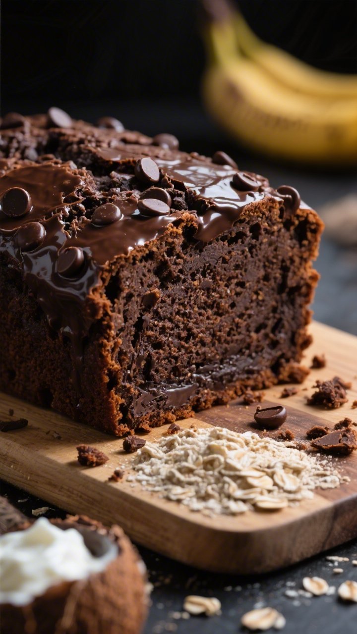 45-degree angle close-up of Double Chocolate Whey Banana Bread that looks like dessert: ultra-moist, dark cocoa crumb with glossy melted chocolate chips and a crackly top; crumbs on the cutting board; ingredients styled around—oat flour, almond flour, Greek yogurt, coconut or brown sugar, vanilla extract, unsweetened cocoa, ripe bananas; rich, moody lighting to emphasize chocolate sheen, shallow depth of field.