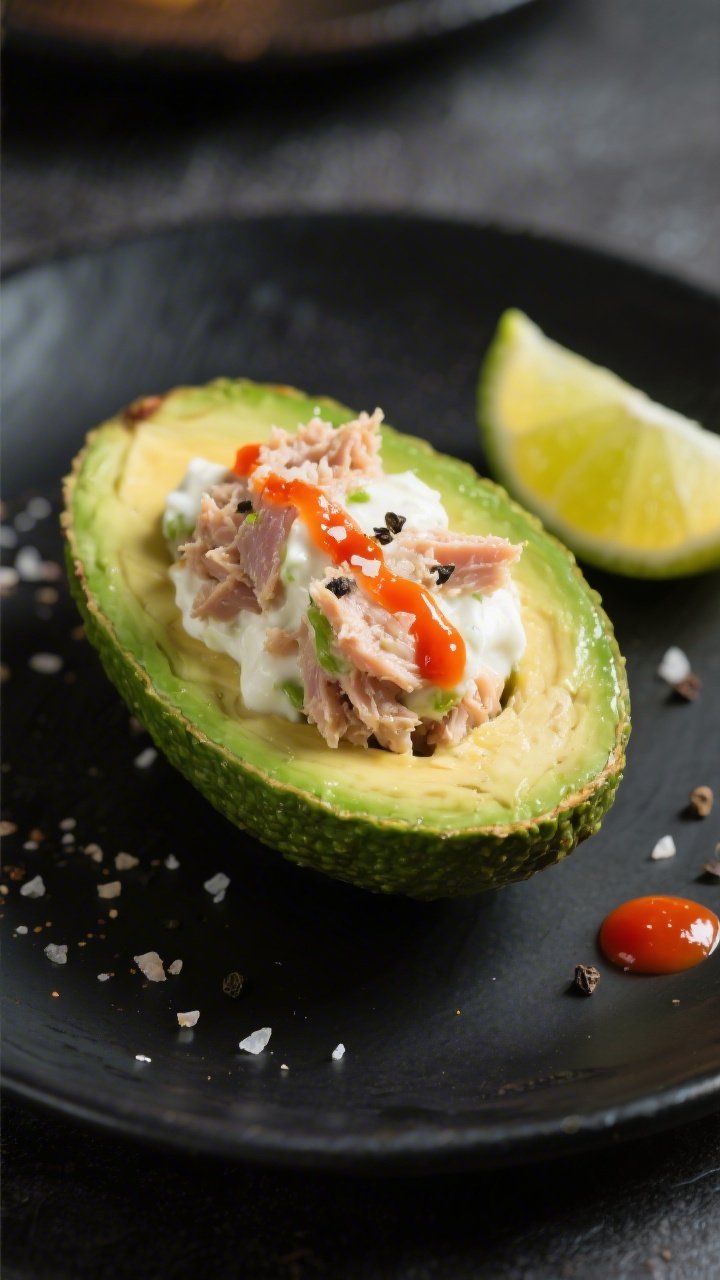 45-degree angle close-up of spicy tuna avocado boats: a halved ripe avocado filled with a creamy tuna mixture made with Greek yogurt or mayonnaise, Dijon mustard, lime juice, and a visible streak of sriracha, sprinkled with flaky salt and black pepper; glossy green avocado, flaky tuna, and orange-red heat contrast on a matte black plate with a lime wedge and a tiny drizzle of sriracha on the side.