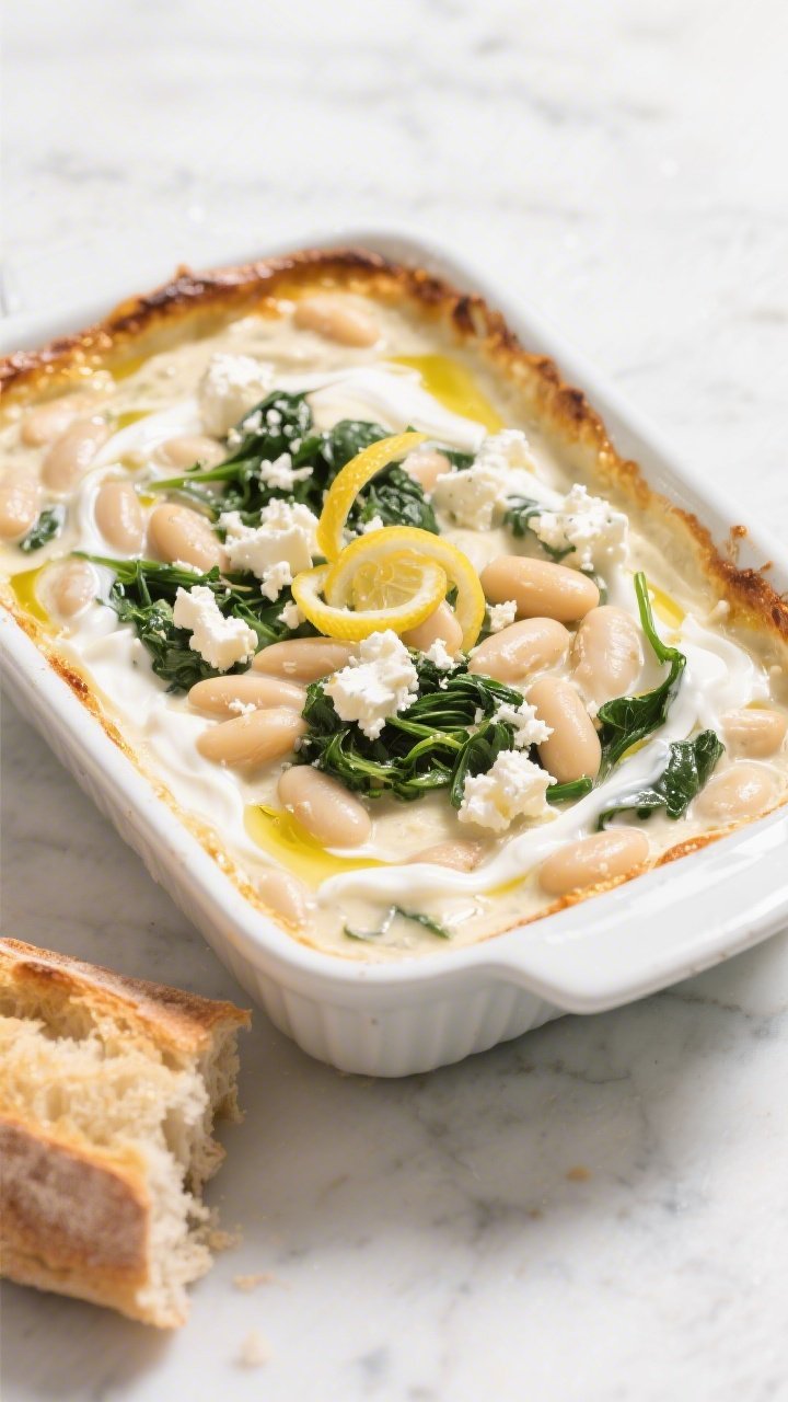 45-degree angle, creamy baked cannellini beans in a white enamel baking dish: silky lemon-tinged sauce with visible swirls of heavy cream, wilted greens folded through, crumbles of feta scattered on top, a drizzle of olive oil and lemon zest curls; golden edges bubbling, served with torn crusty bread on a light marble backdrop, bright Mediterranean mood.