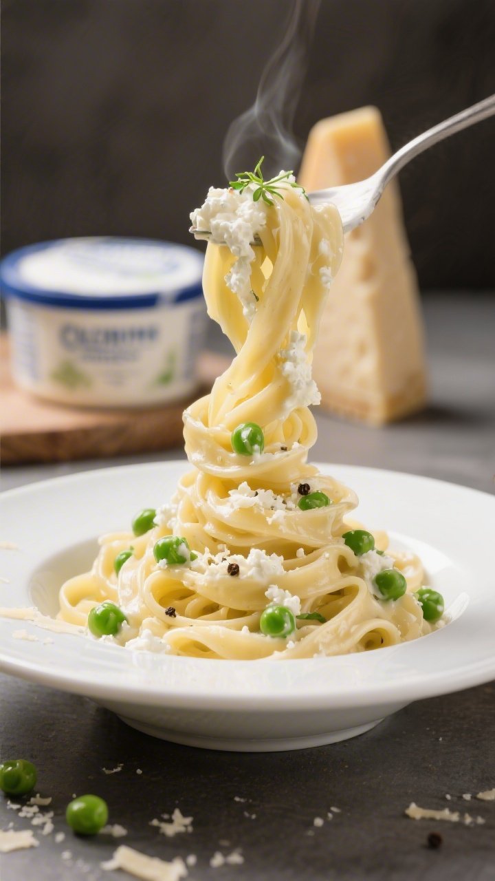 45-degree angle creamy cottage cheese Alfredo: fettuccine twirled high in a shallow white bowl, ultra-silky sauce from cottage cheese, milk, Parmesan, butter, and garlic clinging to noodles; bright green peas scattered throughout; micrograted Parmesan and cracked pepper on top; cottage cheese tub and wedge of Parmesan blurred behind.