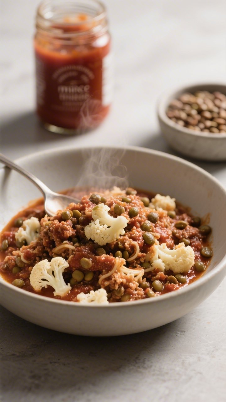 45-degree angle, hearty bowl of cauliflower lentil Bolognese: thick, chunky sauce of riced cauliflower and brown/green lentils bound by rich marinara, spooned over a neutral base (plain bowl, no pasta shown to keep focus on sauce), visible texture of cauliflower “mince” and lentils; a jar of marinara and a small bowl of cooked lentils in soft focus; deep, savory tones and gentle steam.