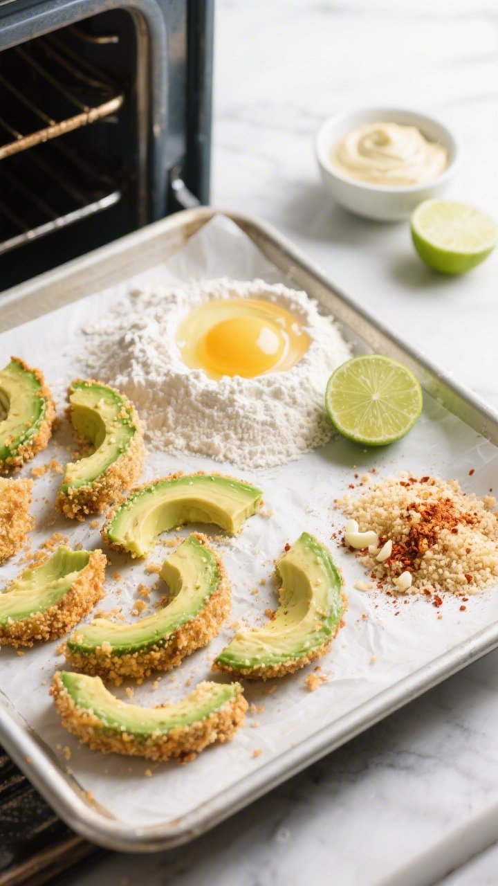 45-degree angle ingredient-to-oven scene of crispy baked avocado slices: firm-ripe avocado wedges on a breading station—flour, beaten eggs with a splash of water, and panko seasoned with chili powder and garlic powder; some slices already breaded on a parchment-lined sheet pan; lime halves and a small bowl of zesty lime crema in the background; bright, clean styling emphasizing the creamy green centers and crunchy coating.