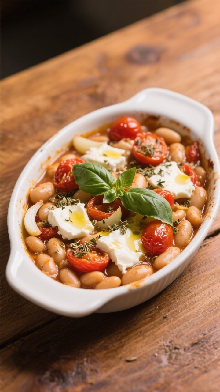 45-degree angle Italian baked beans: cannellini beans mingled with burst roasted cherry tomatoes, thinly sliced garlic, and a drizzle of olive oil, perfumed with dried basil and oregano; melty pools of mozzarella dotted across the top, a few fresh basil leaves for color, set in a white ceramic gratin on a warm wood table.