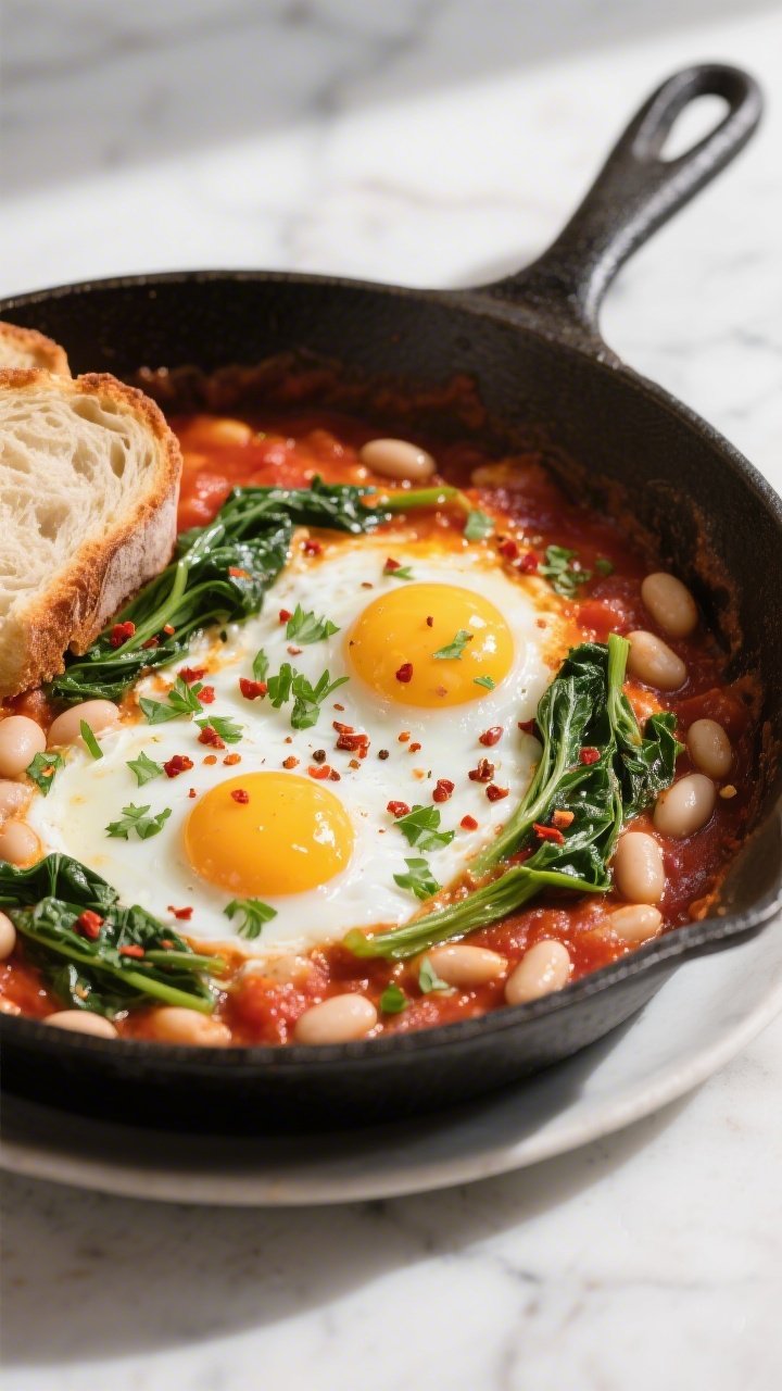 45-degree angle of a one-pan beans-and-greens shakshuka: bubbling tomato base seasoned with cumin, sweet paprika, and red pepper flakes, white beans folded in, ribbons of sautéed greens, eggs baked with set whites and runny yolks; garnished with chopped parsley and chili flakes, served in a wide skillet with toasted bread at the side, inviting brunch feel.