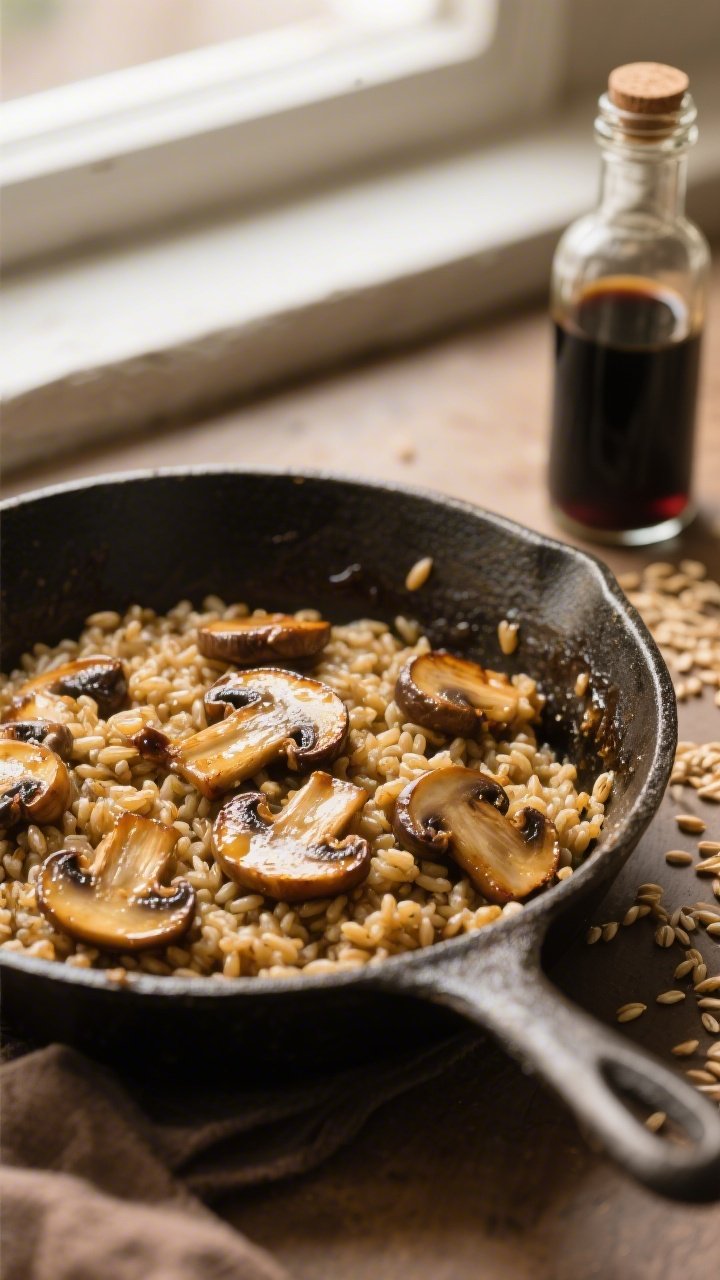 45-degree angle of balsamic mushroom farro in a rustic skillet: chewy farro glistening like risotto, studded with sliced cremini/baby bella mushrooms seared golden-brown, finished with a sheen of good-quality balsamic vinegar; a small glass bottle of balsamic and scattered farro grains nearby; earthy palette, soft window light, hearty and comforting.