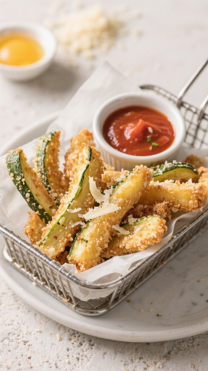 45-degree angle plated presentation of garlic-Parmesan zucchini fries: fry-sized zucchini batons with a crackly coating of finely grated Parmesan, panko, and fine cornmeal, speckled with garlic seasoning; served in a parchment-lined metal basket with a ramekin of marinara; visible crisp texture and golden crumbs on a light stone surface; a beaten egg wash and stray panko in the background for context.