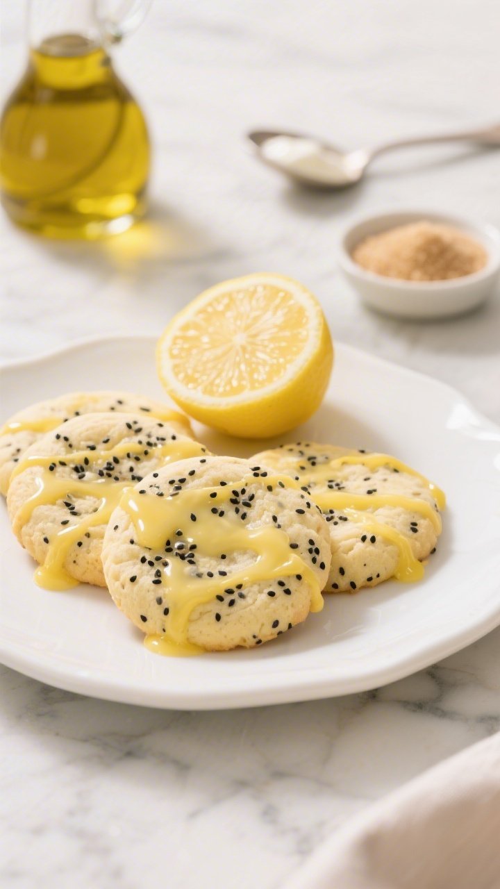 45-degree angle plated presentation of lemon poppy seed cookies on a white ceramic plate; visible black poppy seeds speckled through pale yellow dough, glossy lemon drizzle pooling slightly; a halved fresh lemon and a small dish of cane sugar in the background, plus a spoon with Greek yogurt; light olive oil bottle blur; bright, zesty mood with sunny highlights on a marble surface.