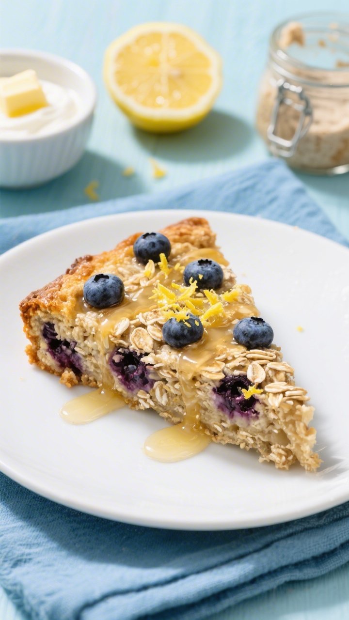45-degree angle plated slice of blueberry lemon oatmeal bake on a white plate, bursting blueberries stained into the oats, glossy honey drizzle, flecks of lemon zest on top; background props include a small bowl of Greek yogurt, a halved lemon with visible zest, a pat of melted butter in a tiny dish, and a jar of sourdough discard; bright, sunny styling with cool blue napkin.