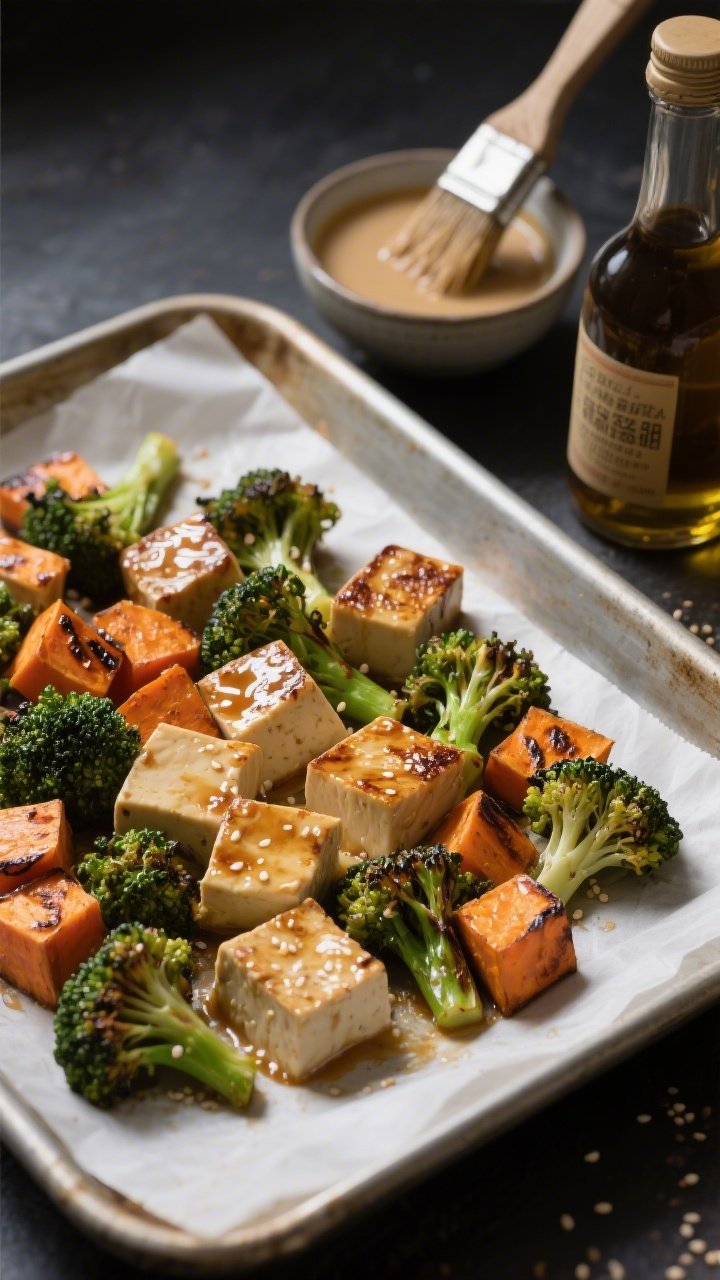 45-degree angle process shot of miso-ginger tofu with caramelized broccoli and sweet potatoes on a parchment-lined sheet pan: extra-firm tofu cubes seared with a glossy miso-ginger-sesame glaze, sweet potato 1/2-inch cubes turning tender and blistered, broccoli florets charred at the tips; a brush resting in a bowl of pale miso sauce, sesame oil bottle to the side; moody studio lighting emphasizing lacquered surfaces.