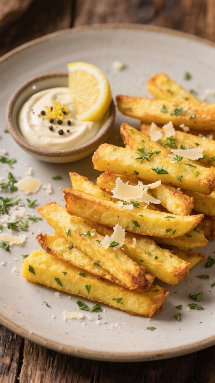 45-degree angle restaurant-style plate of herbed polenta fries: golden, oven-crisped batons made from polenta cooked with water, kosher salt, Parmesan, butter/olive oil, and Italian herbs; stacked neatly with visible herby flecks; a small dish of lemon-pepper aioli with a twist of lemon zest and cracked pepper on top; scattered grated Parmesan and chopped herbs on the plate; neutral ceramic and rustic wood surface.