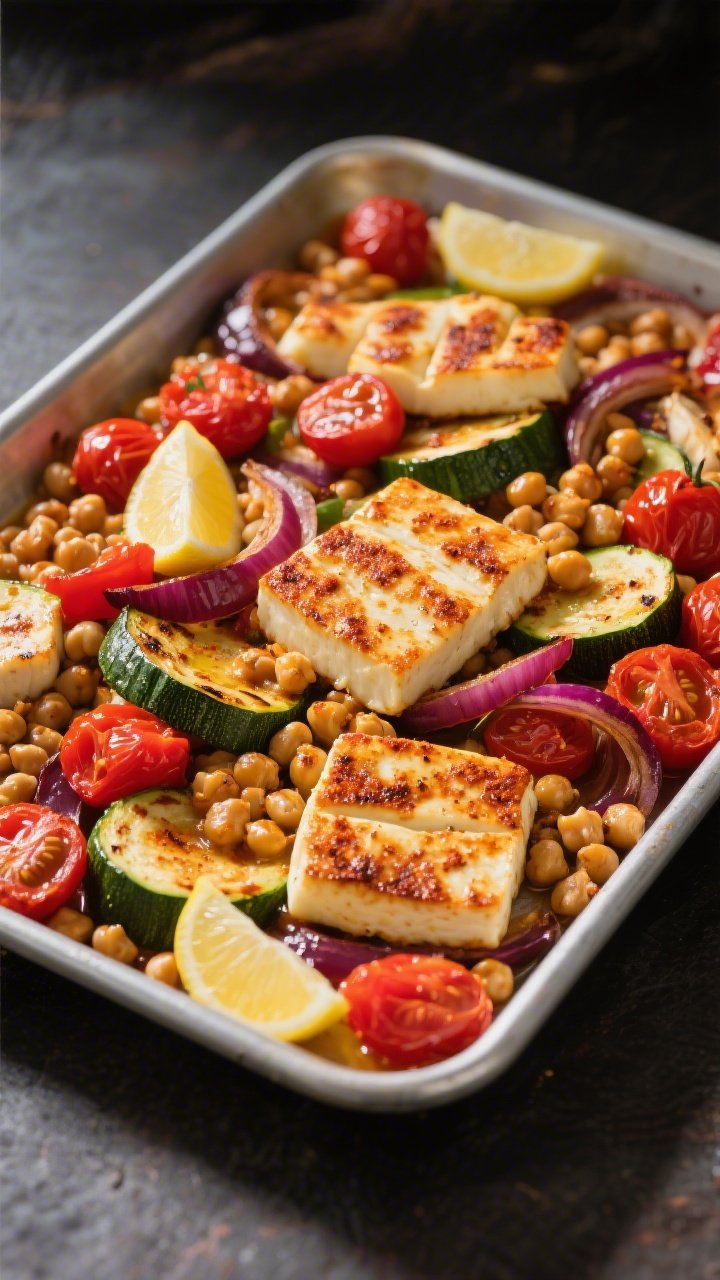 45-degree angle sheet pan scene of harissa halloumi and chickpea veg bake: seared 1/2-inch halloumi slices with golden crusts, chickpeas roasted until crisp, burst cherry tomatoes, thick red onion slices caramelized, and zucchini half-moons charred at the edges; everything kissed with harissa and olive oil; garnished with lemon wedges; vibrant reds and greens under directional light.