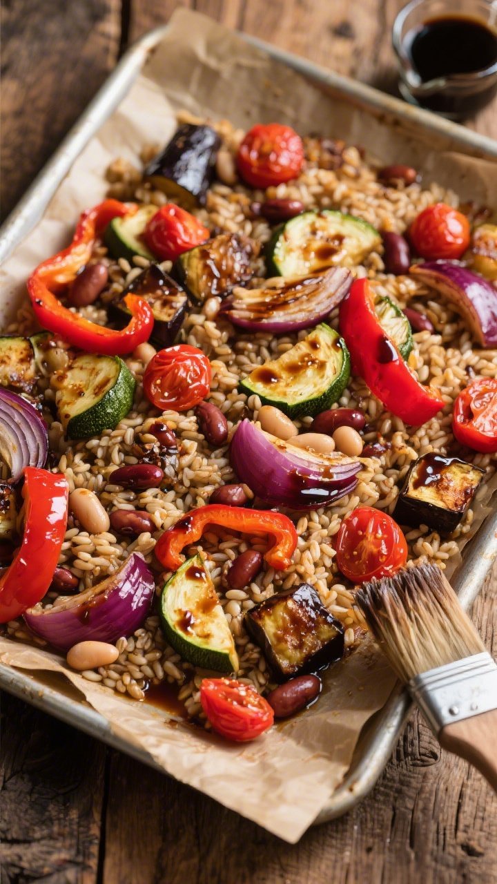 45-degree angle sheet-pan traybake: hearty pearl barley (cooked) tumbled with roasted red onion wedges, red bell pepper slices, zucchini half-moons, cubed eggplant, and blistered cherry tomatoes; beans (such as cannellini or mixed beans) folded through; everything lacquered with a balsamic glaze, caramelized edges glistening; rustic parchment-lined pan on a wooden table with a brush dipped in balsamic nearby.