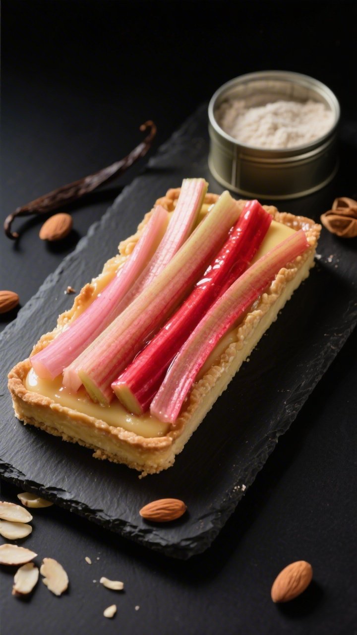 45-degree angle shot of a rhubarb frangipane tart: sleek rectangular tart with buttery almond frangipane crowned by neatly fanned rhubarb batons in ombré pinks and reds, glossy from a light glaze; almond slices scattered on the board, a tin of almond flour and vanilla pod nearby; modern minimal styling, matte black background to highlight the tart’s sheen.