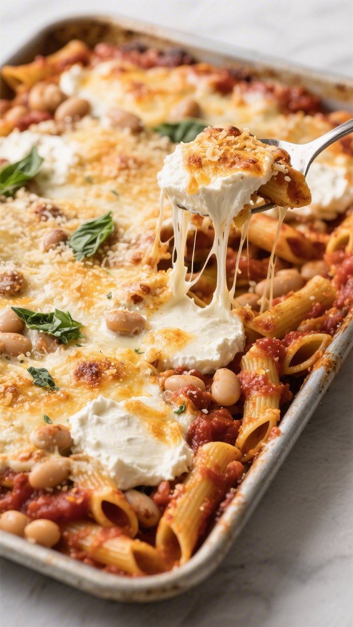 45-degree angle shot of white bean and ricotta baked ziti on a sheet pan: al dente ziti tossed with marinara and creamy ricotta dollops, cannellini beans nestled throughout, topped with bubbly melted mozzarella and a golden Parmesan crust; edges caramelized, strands of stretchy cheese lifting with a serving spoon; flecks of basil for color, warm Italian comfort mood.