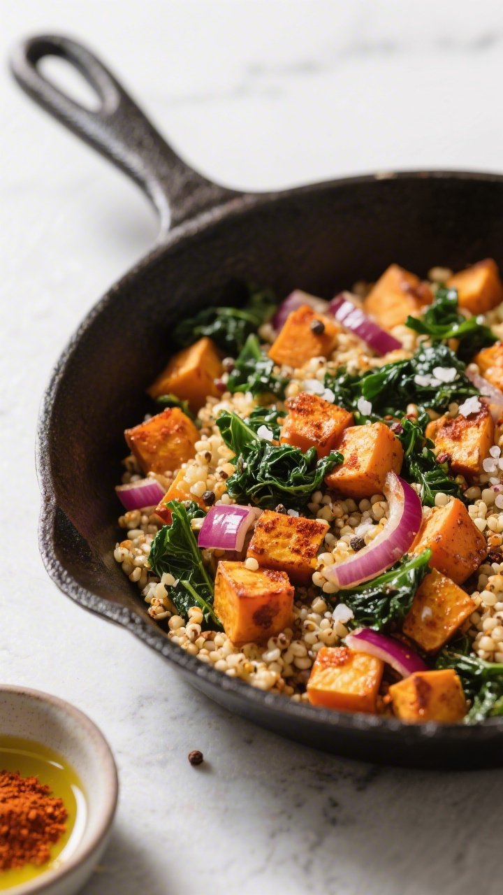 45-degree angle skillet shot of Sweet Potato, Kale, and Quinoa Breakfast Hash: caramelized diced sweet potatoes tossed with red onion slices and cooked quinoa, seasoned with smoked paprika and ground cumin, wilted kale folded through; salt and pepper crystals visible; a golden, slightly crisped surface with tender interiors; presented in a cast-iron pan on a light stone surface, with a tiny bowl of paprika and a drizzle of olive oil catching the light.