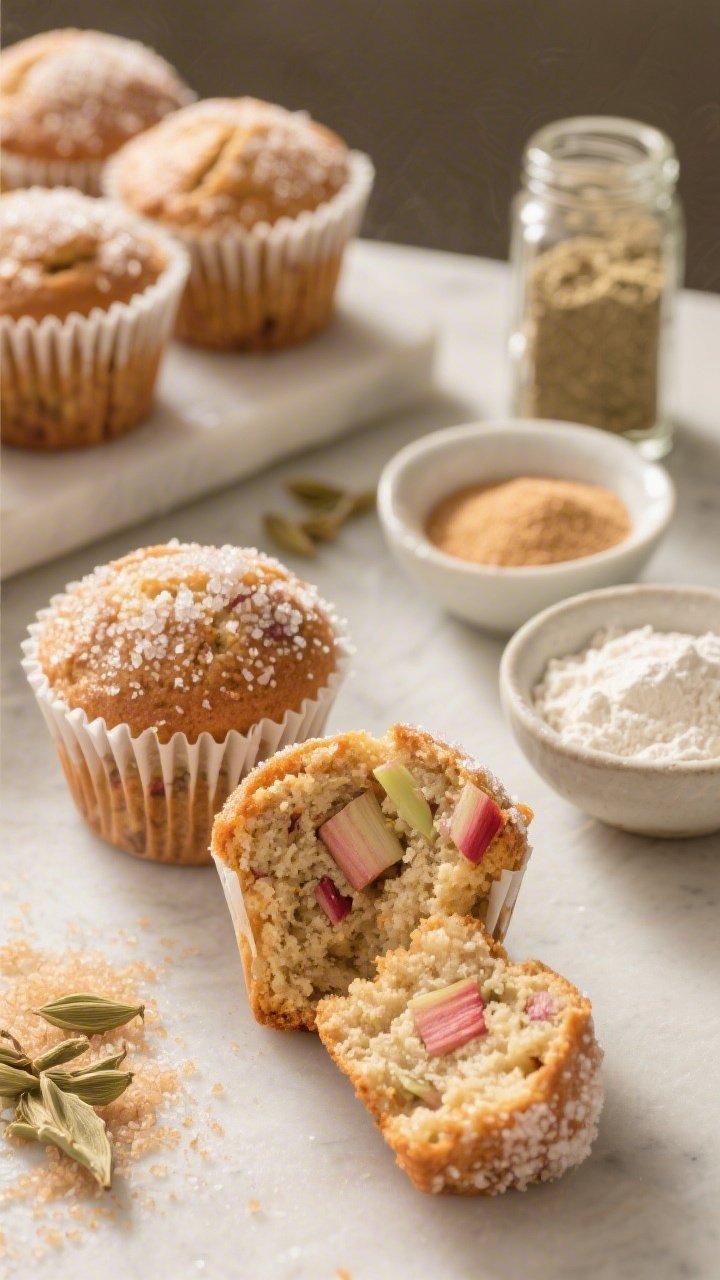 45-degree bakery display of cardamom rhubarb muffins in tulip liners, tall domed tops crowned with crunchy sugar; cross-section of one muffin shows tender crumb studded with rhubarb pieces; ingredients set nearby: a jar of ground cardamom, bowls of all-purpose flour, baking powder/soda, and mixed granulated/light brown sugars; warm morning light and minimal props.