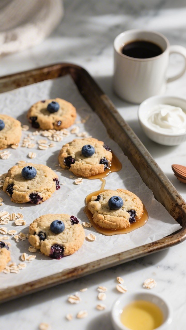 45-degree breakfast scene of blueberry almond cookies on a baking tray lined with parchment; plump blueberries burst into juicy pockets, a few oats (gluten-free) dotting the surface for texture; a drizzle line of maple syrup nearby, a bowl of Greek yogurt, and a small dish of melted coconut oil; morning light, casual crumbs, and a mug of black coffee slightly out of focus.