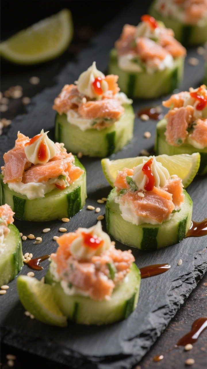 45-degree canapé shot of spicy salmon cucumber bites: thick cucumber rounds topped with a salmon salad (canned salmon mixed with mayo/Greek yogurt, sriracha, rice vinegar/lemon juice, soy sauce), piped or spooned in soft mounds; dotted with extra sriracha and sprinkled with sesame seeds; arranged in rows on a slate board with lime/lemon wedge; glossy highlights emphasize freshness.