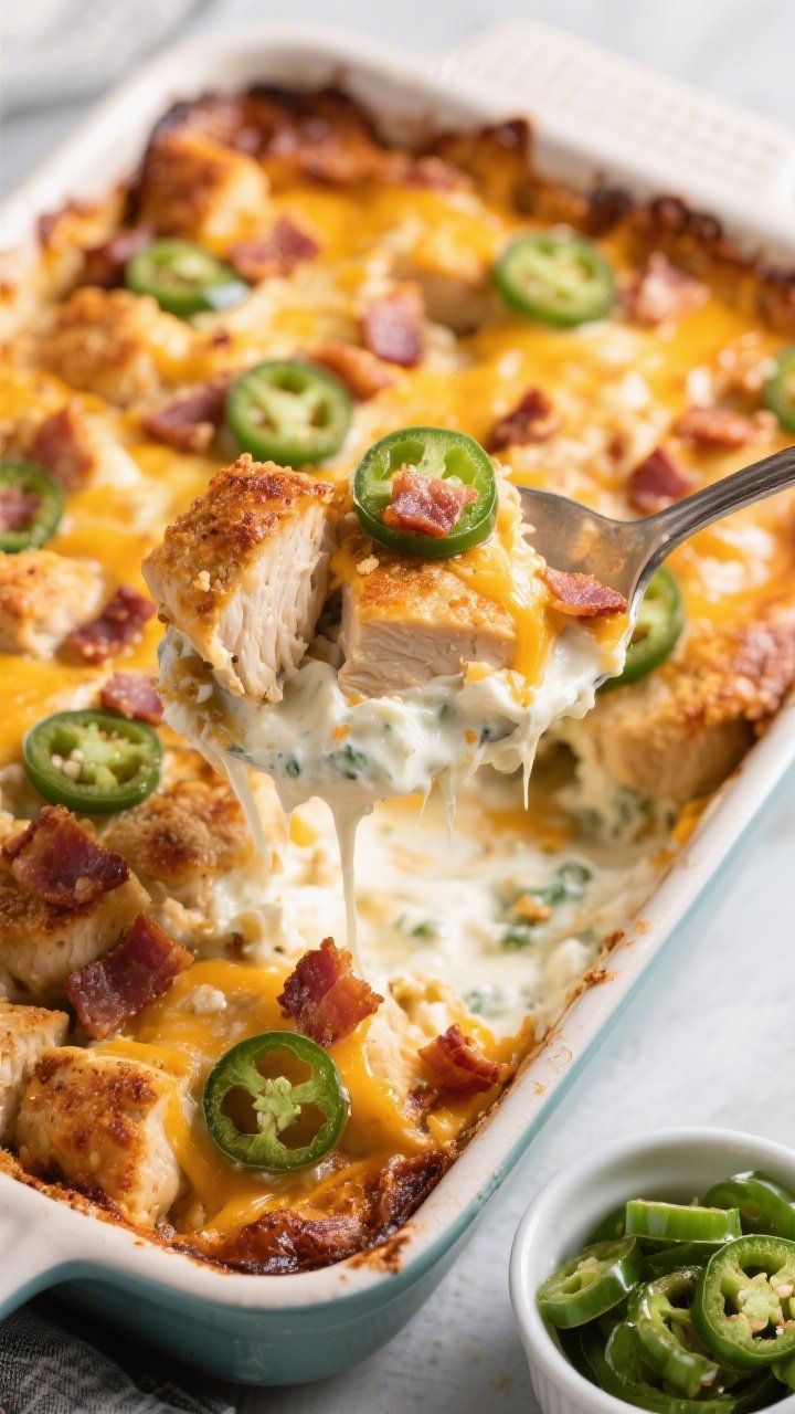 45-degree casserole close-up of jalapeño popper chicken bake: cubed chicken breasts baked with a creamy mixture of Greek yogurt and reduced-fat cream cheese, studded with sliced jalapeños, crumbled center-cut bacon scattered over the top, and a crispy cheddar crust bubbling and browned; edges caramelized, a serving spoon lifting a portion to show creamy interior and stretchy cheese; bold, indulgent look with a small ramekin of extra sliced jalapeños nearby.