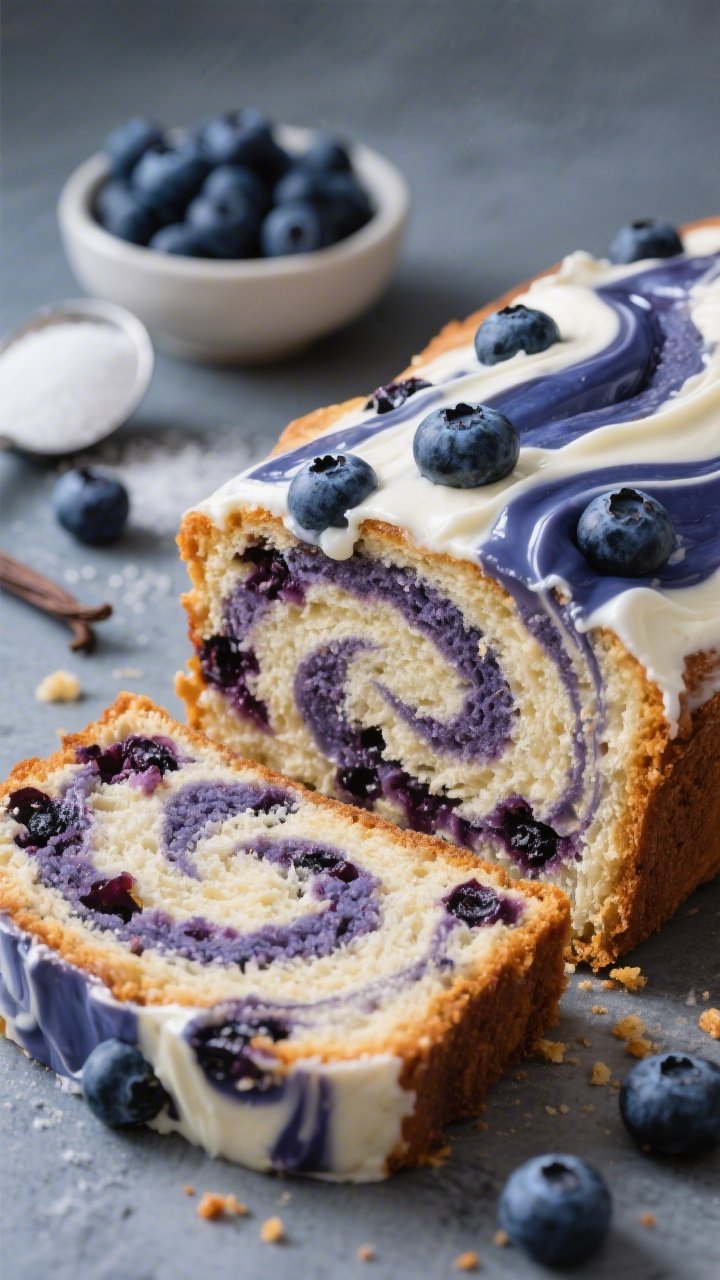 45-degree cheesecake swirl detail of Blueberry Cheesecake Swirl Banana Bread with Casein: marbled cream-cheese-like swirl made from Greek yogurt and vanilla casein running through the loaf, studded with juicy blueberries that burst into the crumb; a small bowl of fresh blueberries, casein scoop, sugar, and vanilla nearby; cool-toned lighting to amplify blueberry hues, glossy highlight on the swirl, shallow depth of field for drama.