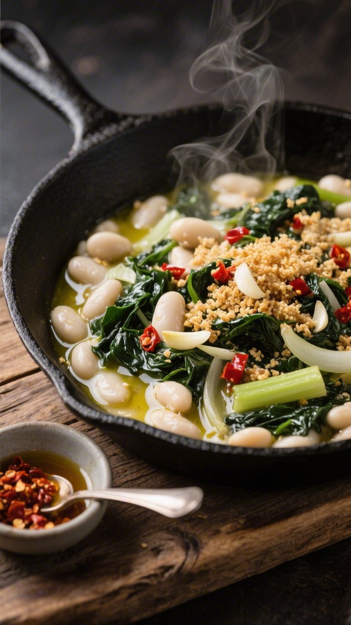 45-degree close-up of a Creamy White Bean and Greens Skillet: cannellini/white beans simmered with sautéed onion and celery in olive oil, wilted dark leafy greens folded in, finished with a golden garlic-chili crunch (thinly sliced garlic and red pepper flakes toasted in oil) and whole-grain breadcrumbs sprinkled on top; steam rising gently, glistening olive oil highlights; shot in a matte black skillet on a rustic wooden board with a small bowl of extra chili flakes and a drizzle spoon.