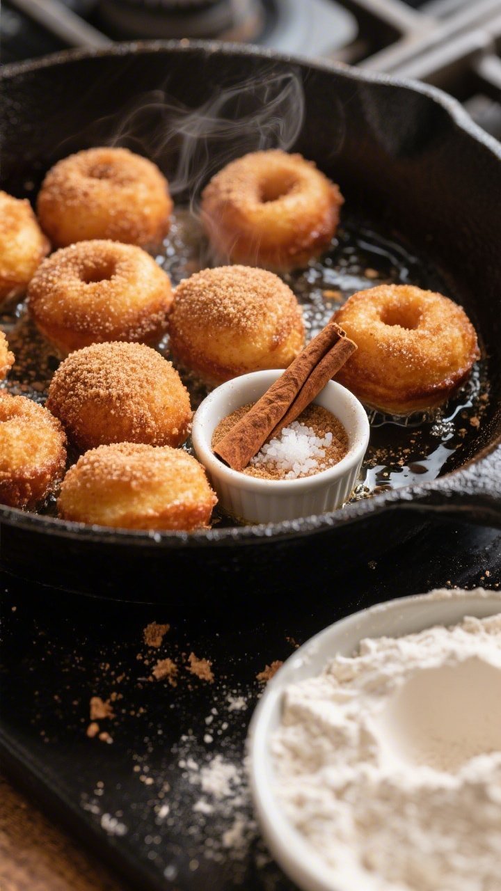 45-degree close-up of cinnamon sugar skillet doughnut holes sizzling in a black cast-iron skillet, freshly fried and tossed in a sparkling cinnamon-sugar coating, with a small ramekin holding a mix of sugar, cinnamon, and kosher salt, and a side dish of gluten-free all-purpose flour with xanthan, potato starch, baking powder, and baking soda; stovetop scene, a few crumbs on the rim, instant-gratification vibe, cozy warm tones and a slight wisp of steam.