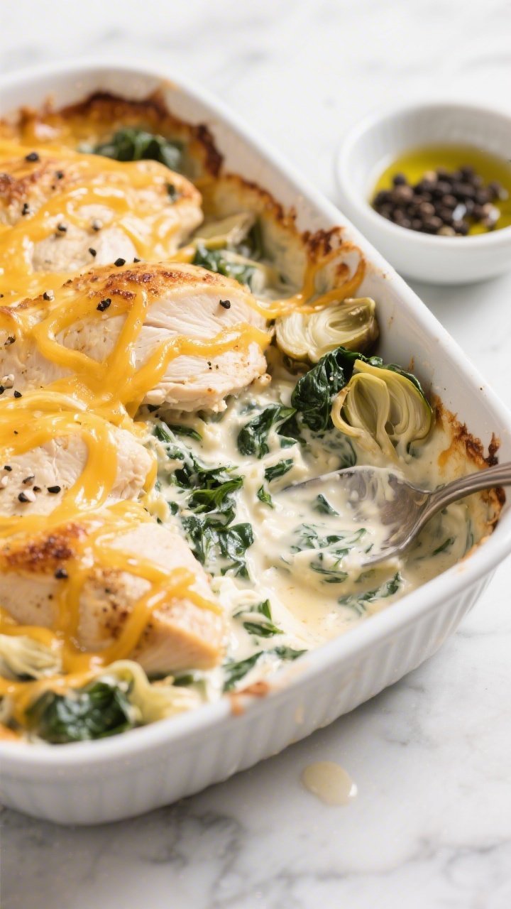 45-degree close-up of creamy spinach artichoke chicken bake in a white ceramic baking dish: golden, melty cheese on top with visible strands stretching, beneath it juicy chicken breasts seasoned with kosher salt and black pepper, swirls of a creamy mixture of reduced-fat cream cheese, plain Greek yogurt, and light mayonnaise folded with chopped spinach and artichoke hearts; lightly broiled spots for texture, spoon trail revealing luscious filling, styled on a marble surface with a small bowl of black pepper and a drizzle of olive oil glistening.