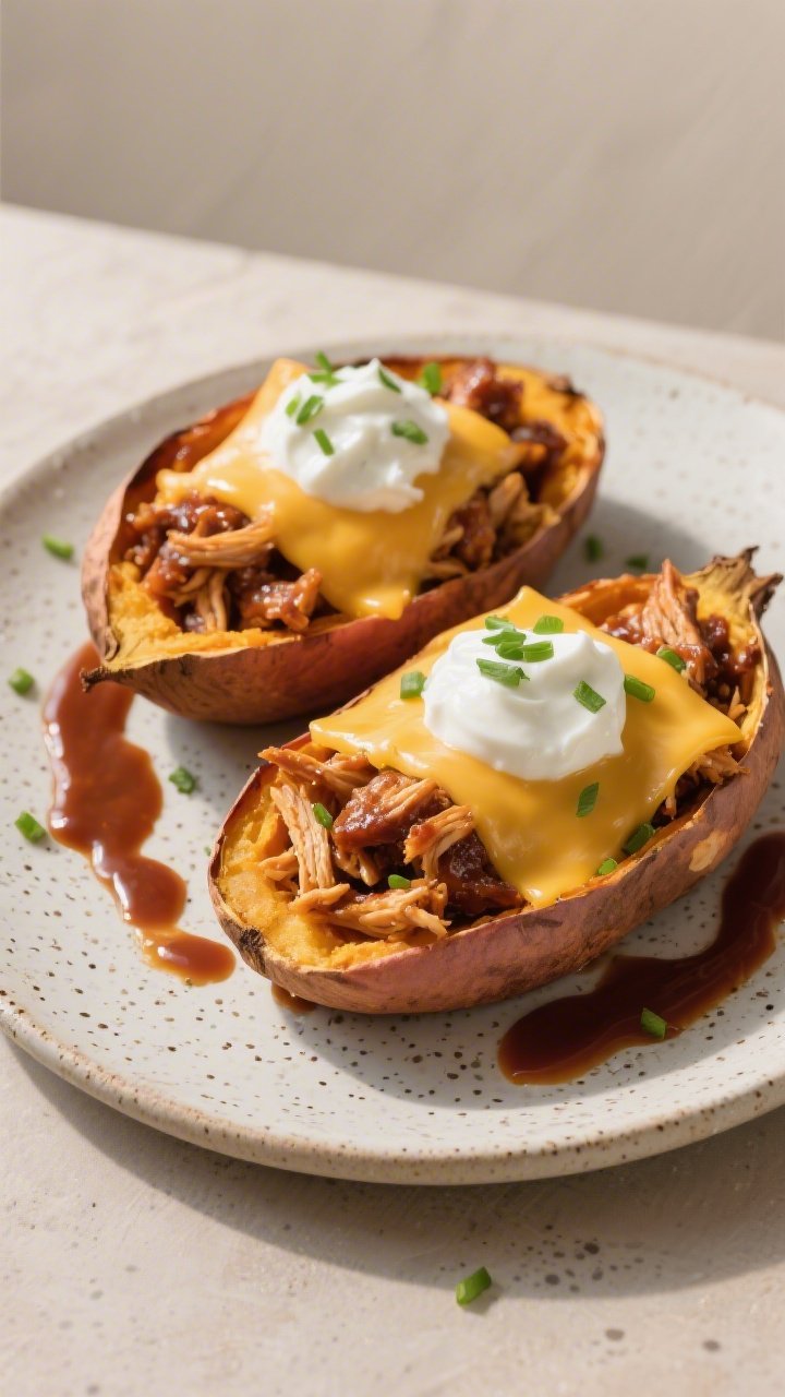 45-degree cozy plate of BBQ chicken stuffed sweet potato skins: halved roasted sweet potatoes scooped and refilled with shredded chicken tossed in BBQ sauce, lightly crisped edges; topped with melted cheddar/Monterey Jack, a dollop of Greek yogurt (or sour cream), and a sprinkle of chives; served on a speckled ceramic plate with extra BBQ sauce drizzle; warm, inviting light.