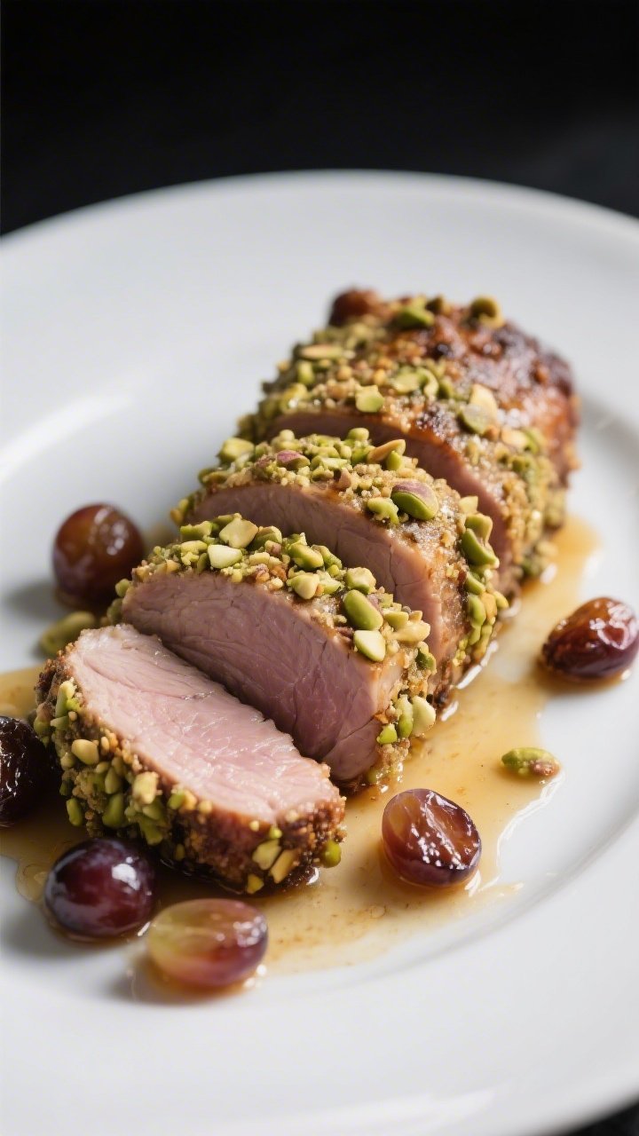 45-degree dramatic roast of pistachio-crusted pork tenderloin: thick slices revealing juicy center, coated in a crunchy pistachio crust bound with Dijon, honey, olive oil, salt, pepper; caramelized roasted grapes scattered around, pan juices pooled; elegant minimal plating on matte white, moody light.