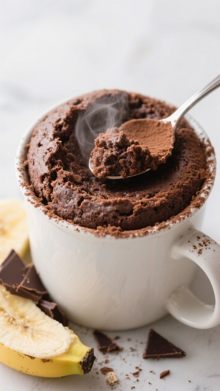 45-degree mug shot of a chocolate banana protein mug cake just lifted from the microwave: rich, tender crumb rising above the rim, made with mashed banana, egg, milk, chocolate protein powder, cocoa powder, and almond or oat flour; a dusting of cocoa on top, a spoon revealing a moist interior, faint steam, and a sliced banana and a few dark chocolate shavings at the base for warmth and comfort.