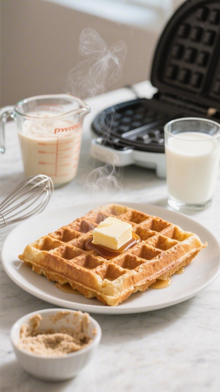 45-degree plated breakfast scene of golden sourdough waffles with deeply defined grids and crunchy edges, steam rising, topped with a knob of butter and a drizzle of syrup; side props: a glass of milk, a small bowl of sourdough discard, whisked batter in a measuring jug (flour, sugar, baking powder/soda), and a waffle iron peeking in frame; bright, crisp morning light.