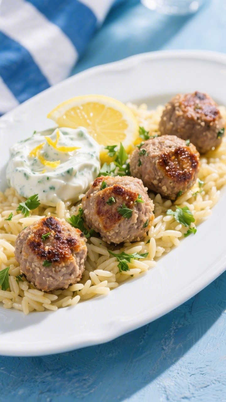 45-degree plated Greek turkey meatballs: seared, oven-finished meatballs (turkey, panko, egg, garlic, parsley, oregano, salt) on a bed of lemony orzo; generous dollop of tzatziki on the side; lemon zest and parsley scattered on top; clean Mediterranean styling with a blue-white color palette.