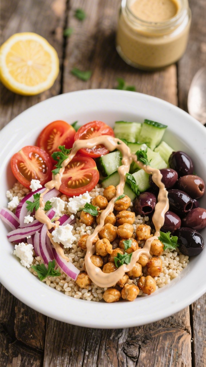 45-degree plated Mediterranean Chickpea Power Bowl: crispy roasted chickpeas over fluffy quinoa, halved cherry tomatoes, chopped cucumber, thin red onion slivers, and kalamata olives arranged in sections; crumbled feta and fresh parsley scattered; a lemon-tahini drizzle cascading in ribbons; served in a wide shallow white bowl on a rustic wood table with a lemon half and tahini jar in frame; bright Mediterranean vibe, crisp highlights.