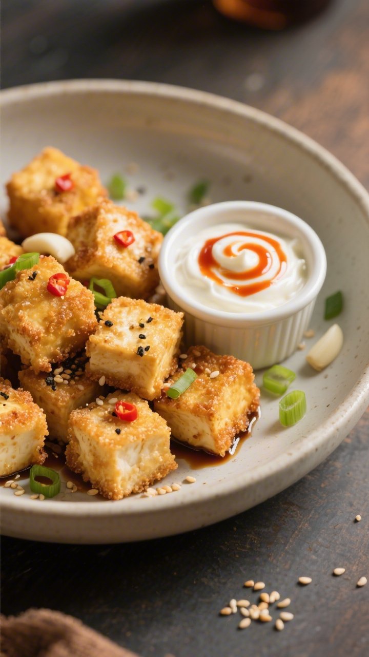 45-degree plated presentation of crispy tofu nuggets: golden, cornstarch-crisped extra-firm tofu cubes seasoned with soy sauce, garlic powder, and black pepper, arranged in a shallow bowl; a ramekin of sweet chili yogurt dip (yogurt blended with sweet chili sauce) swirled and garnished with chili flecks; scattered scallions and sesame seeds optional; warm side light to showcase crunch.