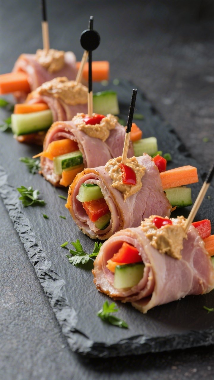 45-degree plated presentation of smoky turkey and hummus veggie roll-ups: deli-style smoked turkey slices spread with hummus (roasted red pepper hue visible on some), rolled tightly around matchstick carrots, cucumber sticks, and sliced bell peppers; cross-sections showing colorful crunch, secured with toothpicks, arranged in a staggered line on a slate board with a light sprinkle of chopped parsley.